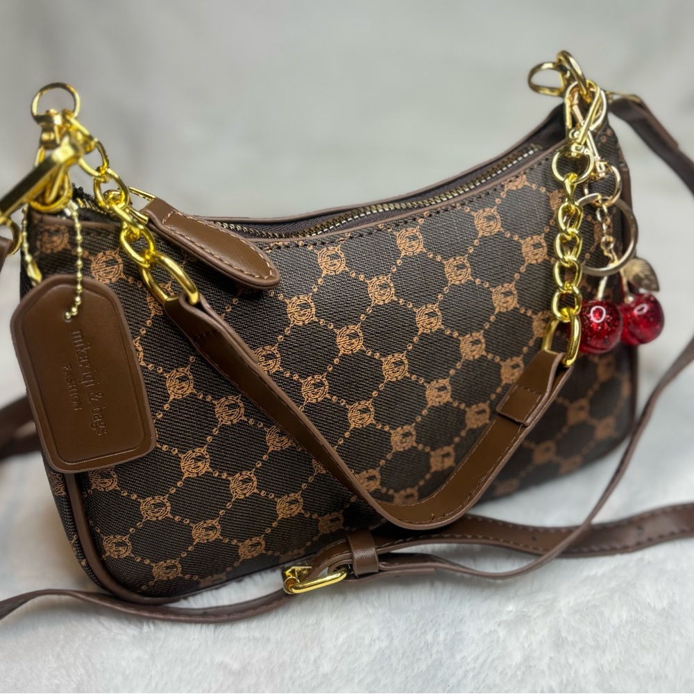 Brown Cherry Charm Patterned Shoulder Bag NWT - image 3